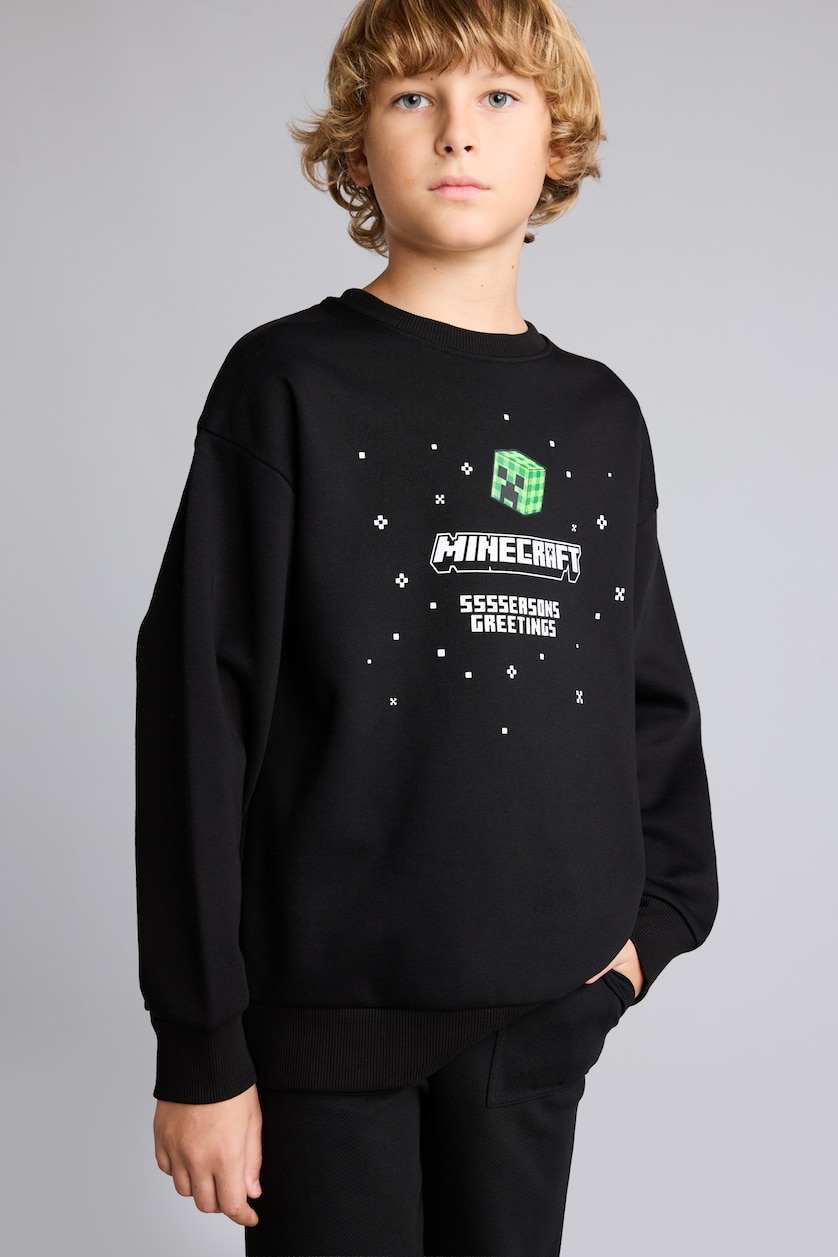 Erkek Çocuk - Genç Erkek Siyah Minecraft Baskılı Sweatshirt Erkek Çocuk