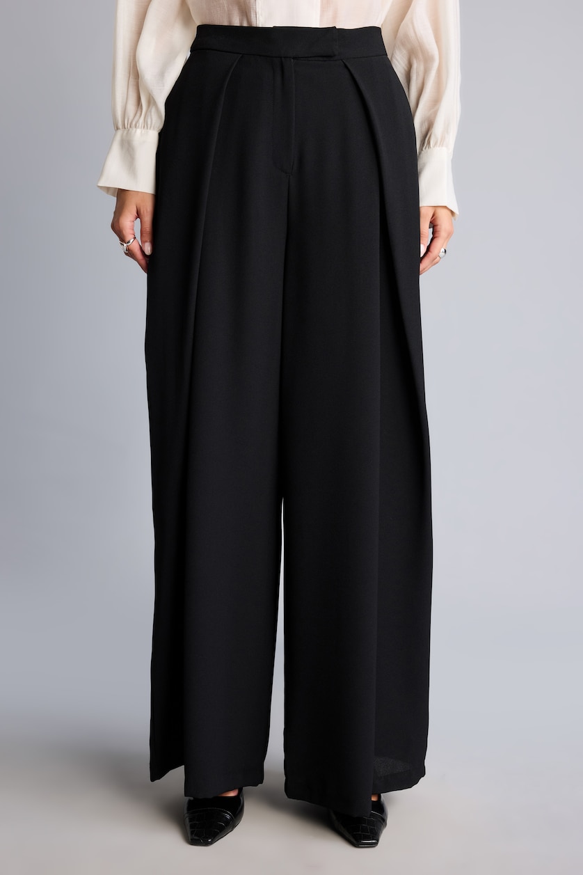 Kadın Siyah Pileli Wide Leg Krep Pantolon