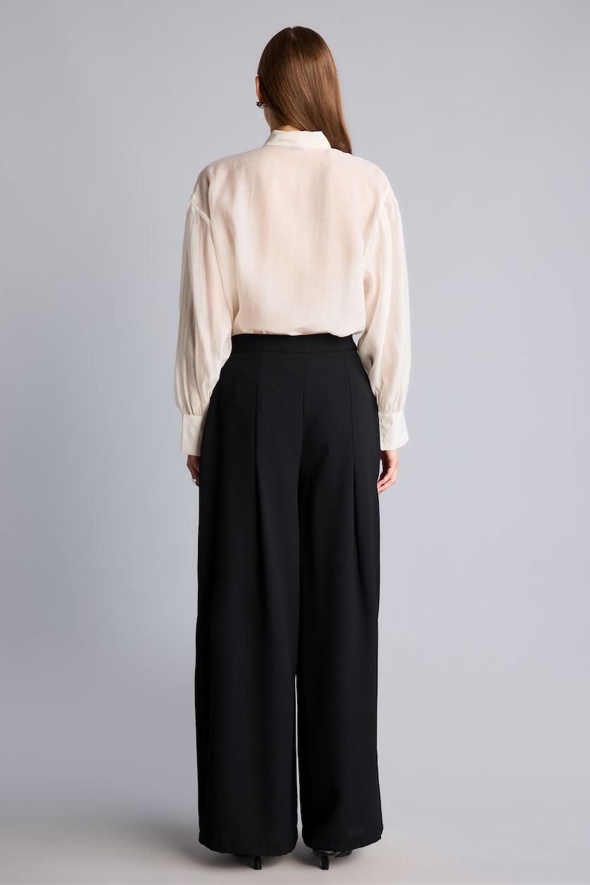 Kadın Siyah Pileli Wide Leg Krep Pantolon