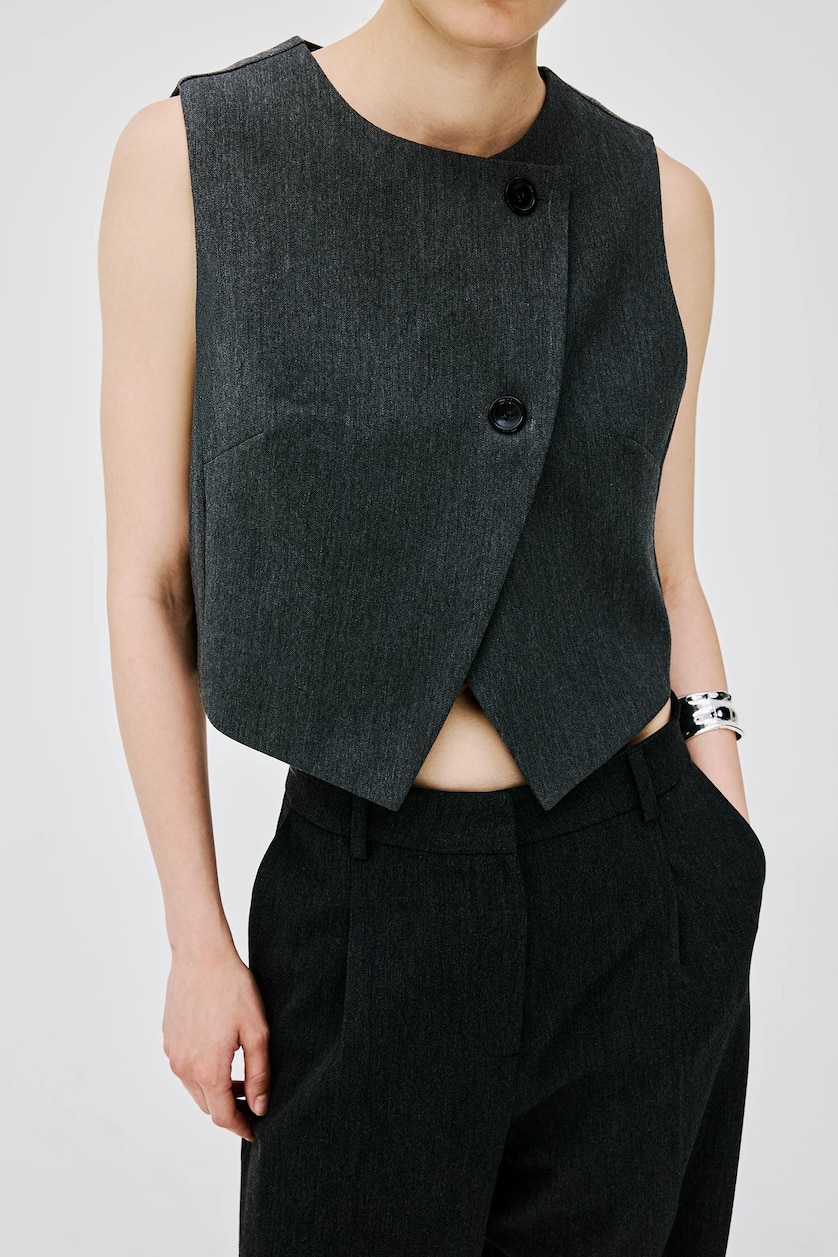 Kadın Gri Fitted Bisiklet Yaka Crop Yelek