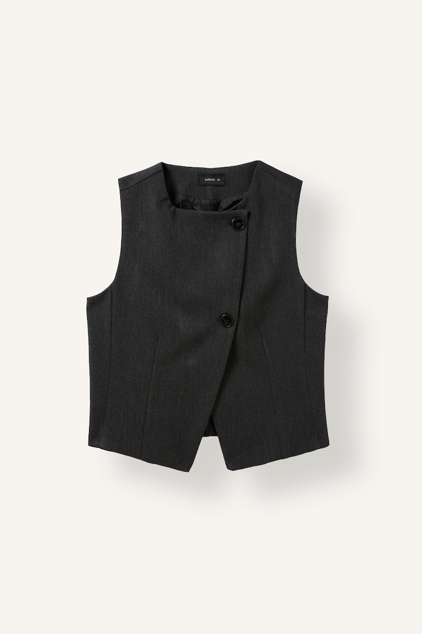 Kadın Gri Fitted Bisiklet Yaka Crop Yelek