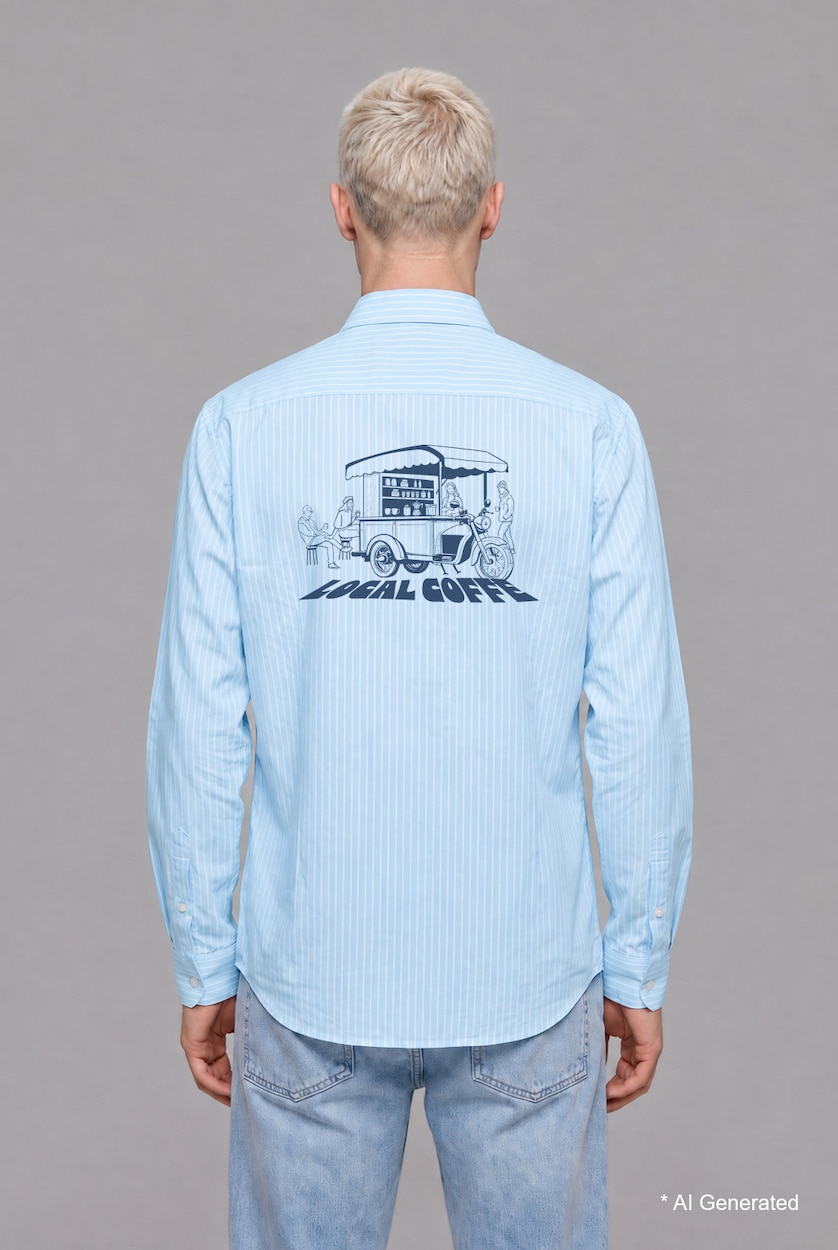 Men Light Blue Boxy Fit Fine-Striped Cotton Long Sleeve Shirt