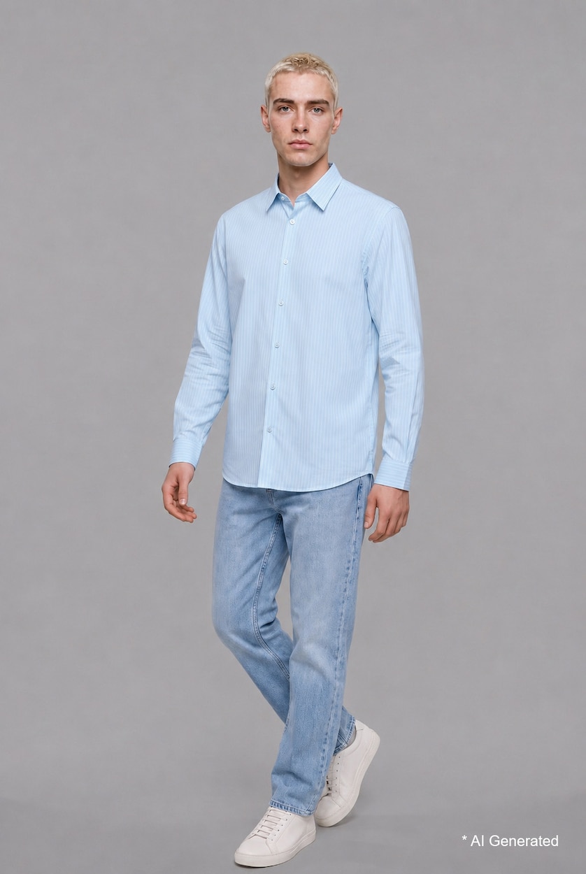 Men Light Blue Boxy Fit Fine-Striped Cotton Long Sleeve Shirt