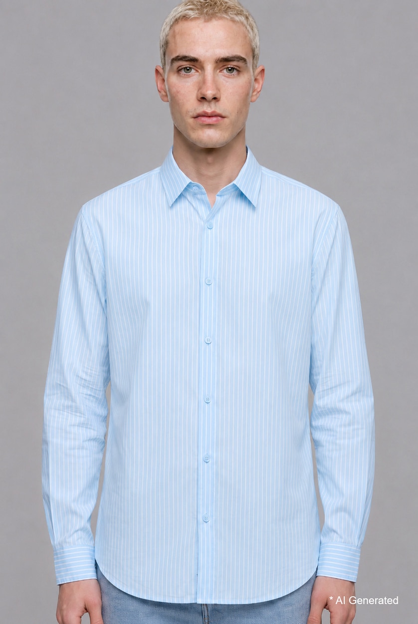 Men Light Blue Boxy Fit Fine-Striped Cotton Long Sleeve Shirt