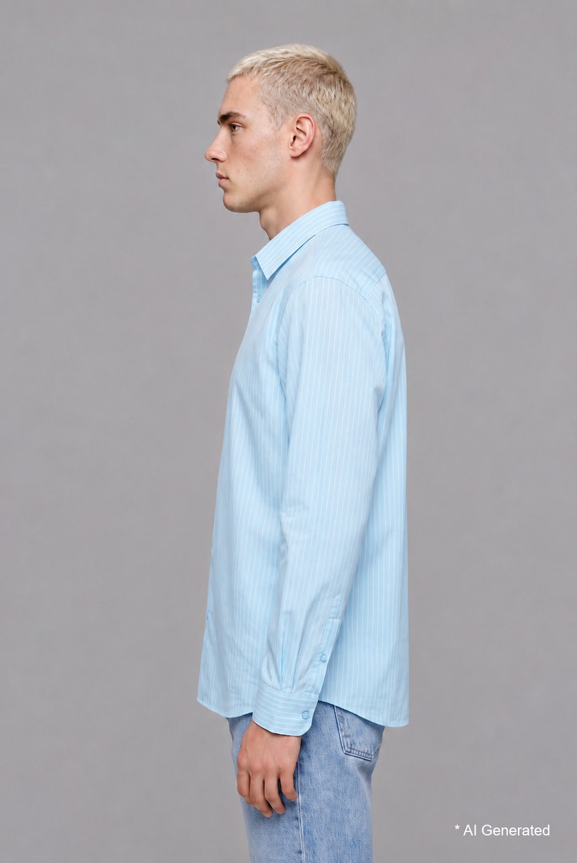 Men Light Blue Boxy Fit Fine-Striped Cotton Long Sleeve Shirt
