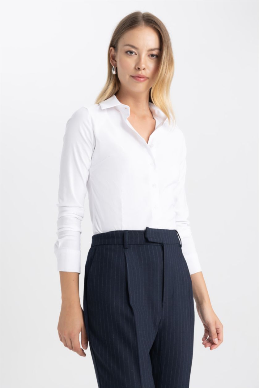 Женская Кремовый Рубашка базовая стандартного кроя с длинным рукавом