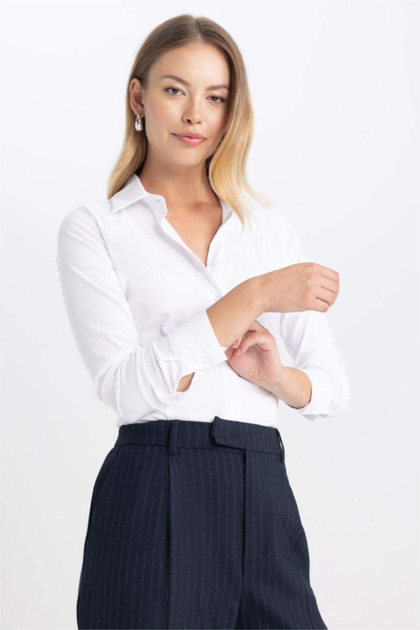 Женская Кремовый Рубашка базовая стандартного кроя с длинным рукавом