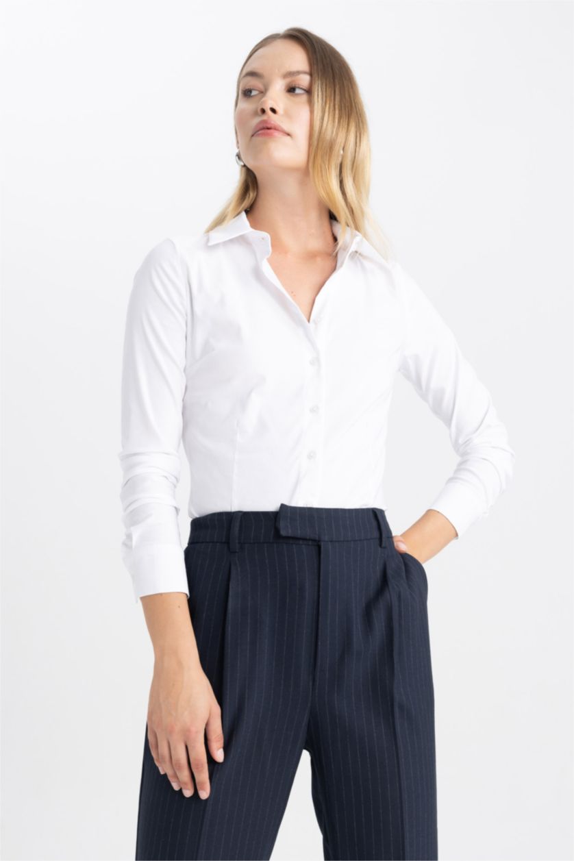 Женская Кремовый Рубашка базовая стандартного кроя с длинным рукавом