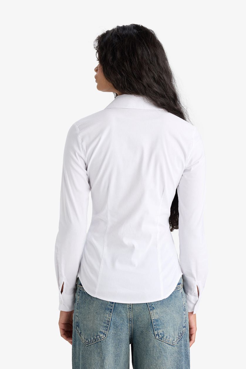 نساء أبيض قميص ردن طويل بنغالين قصة عادية