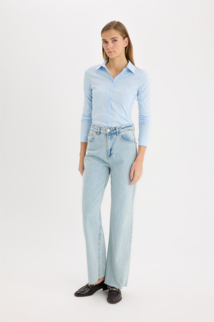 نساء أزرق فاتح قميص ردن طويل مخصر بياقة قميص