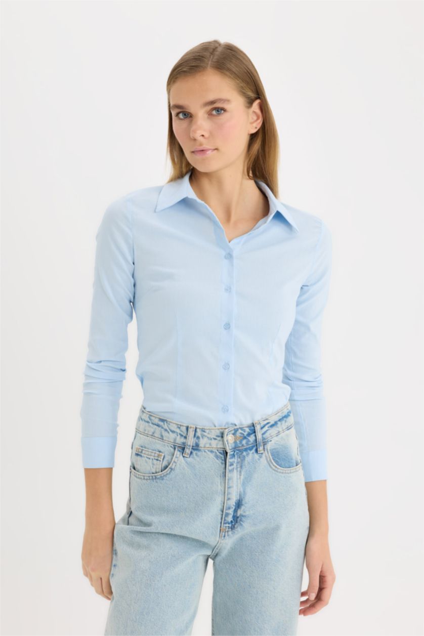 نساء أزرق فاتح قميص ردن طويل مخصر بياقة قميص