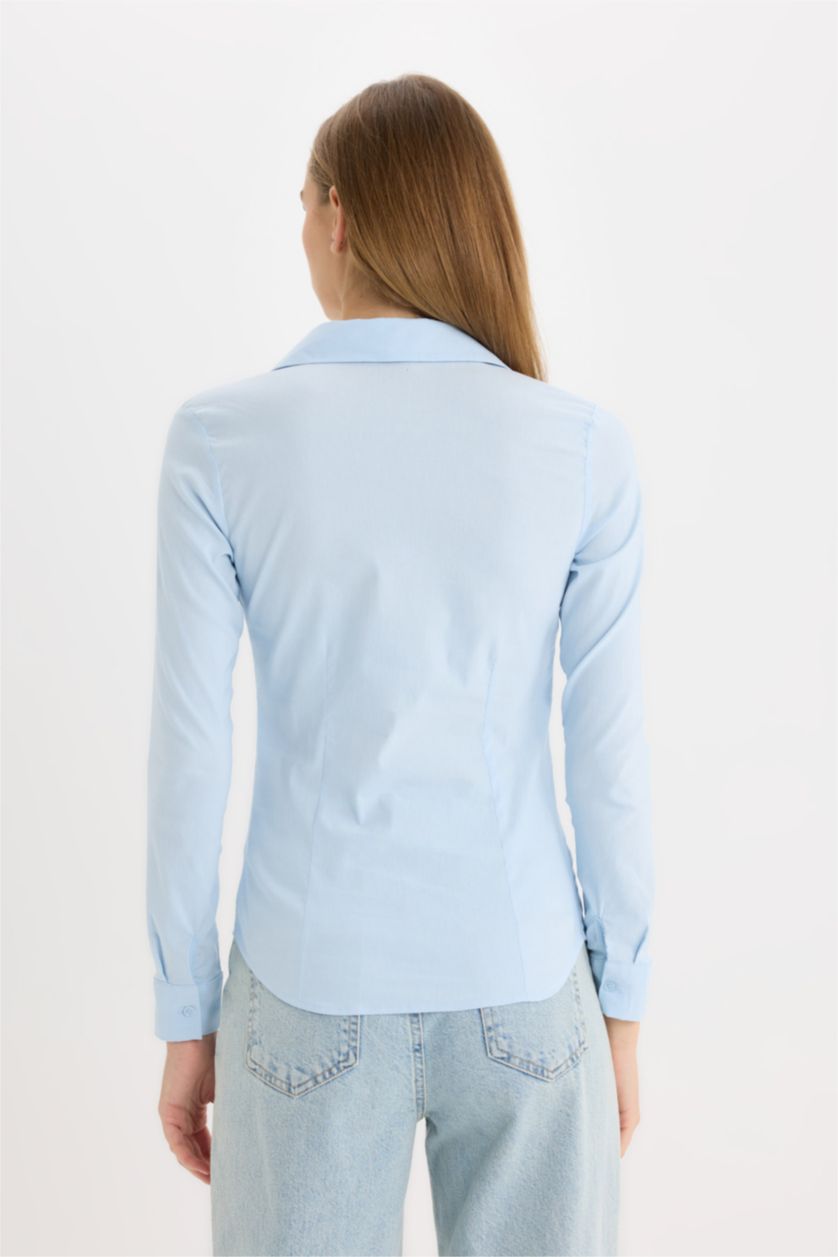 نساء أزرق فاتح قميص ردن طويل مخصر بياقة قميص