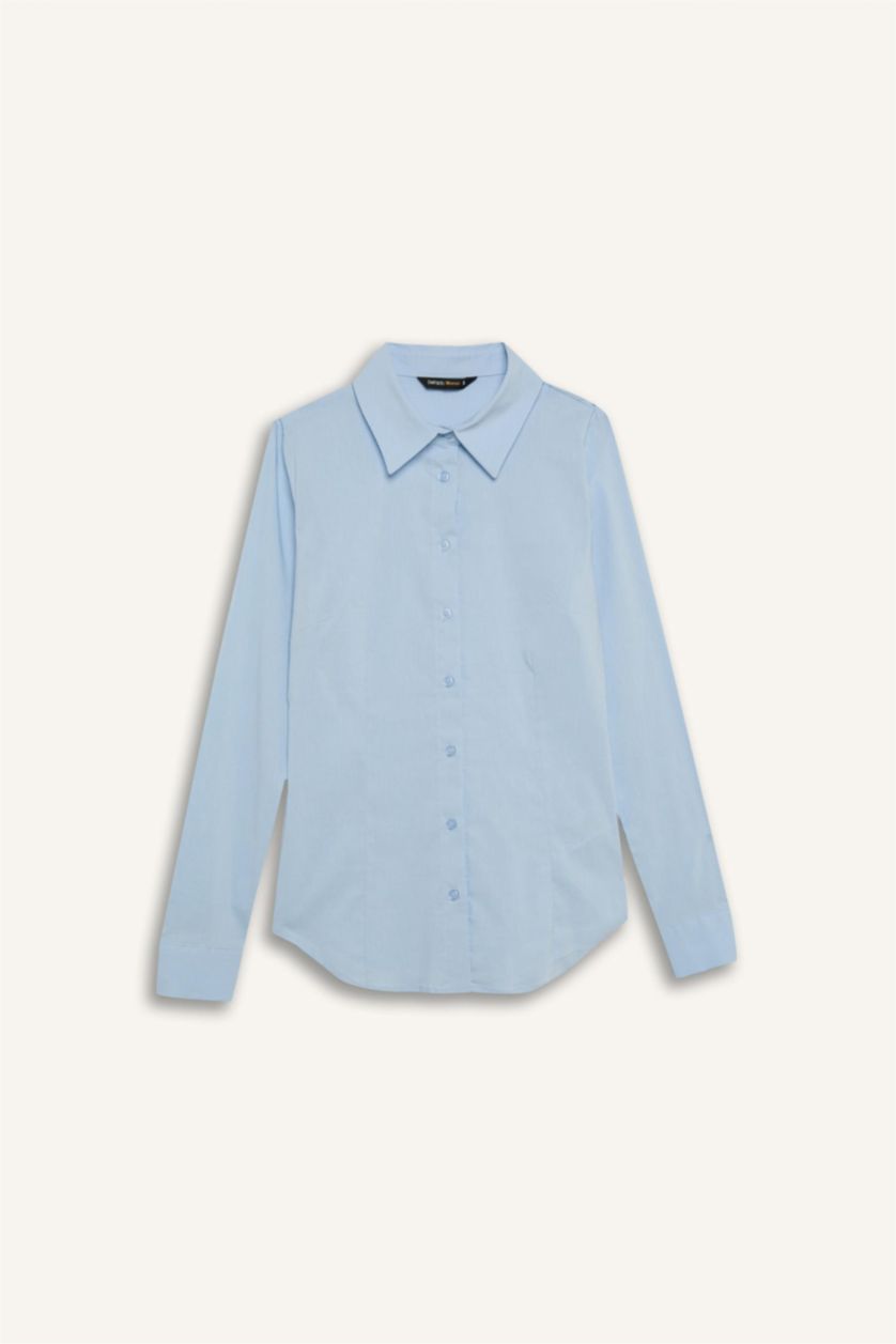 نساء أزرق فاتح قميص ردن طويل مخصر بياقة قميص