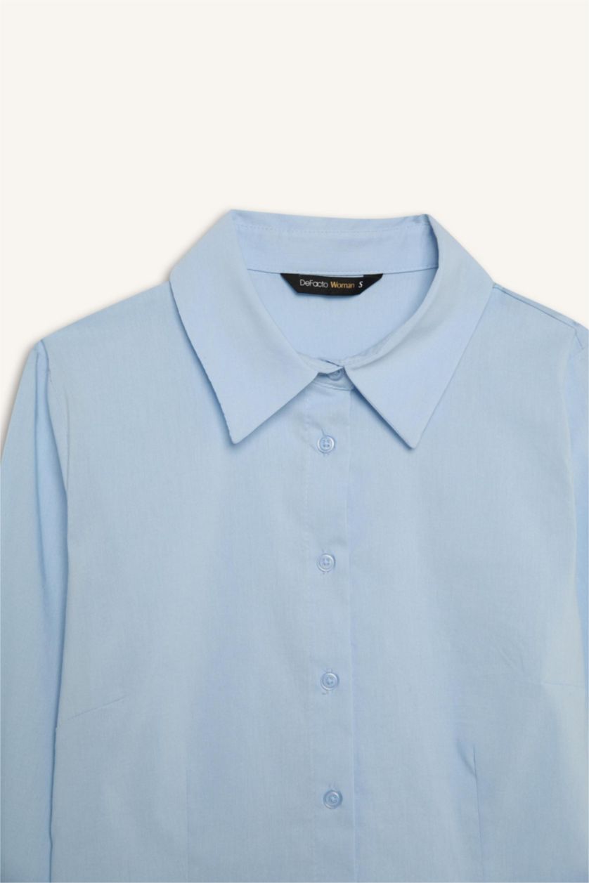 نساء أزرق فاتح قميص ردن طويل مخصر بياقة قميص