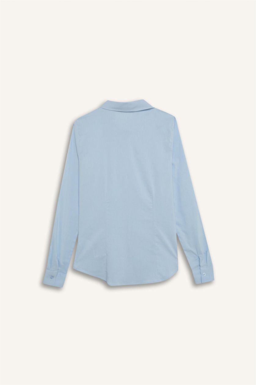 نساء أزرق فاتح قميص ردن طويل مخصر بياقة قميص