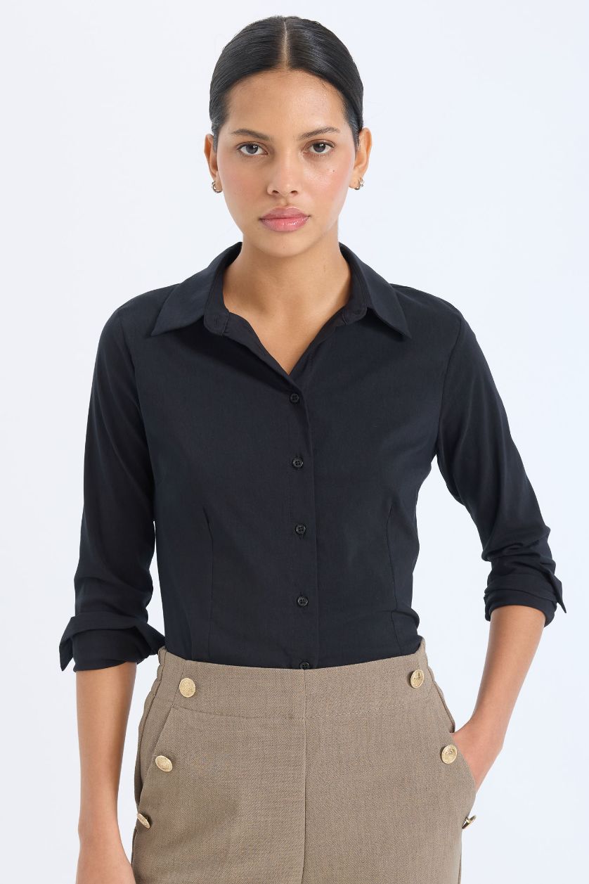 WOMAN Black Slim Fit Shirt Collar Long Sleeve Shirt
