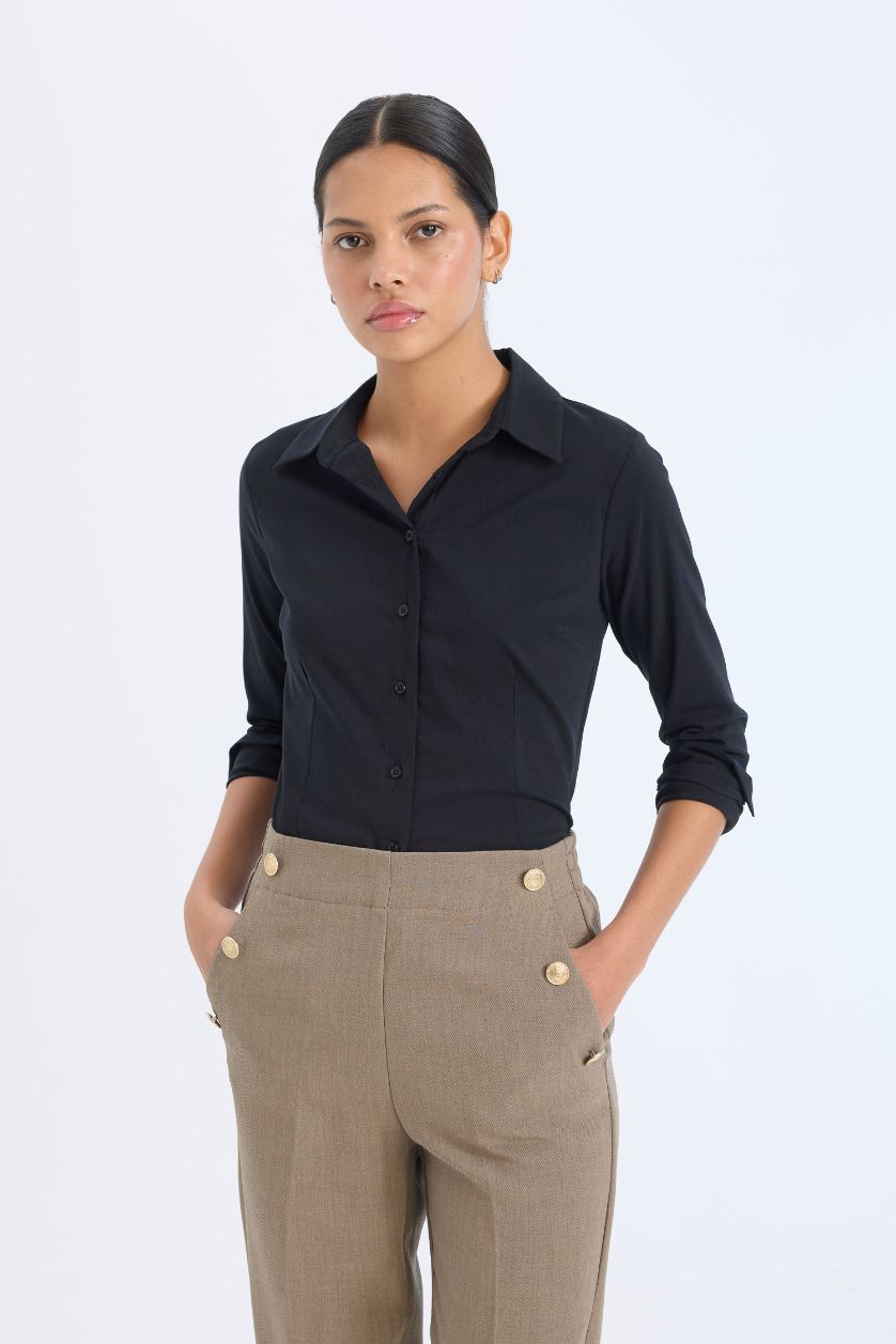 WOMAN Black Slim Fit Shirt Collar Long Sleeve Shirt