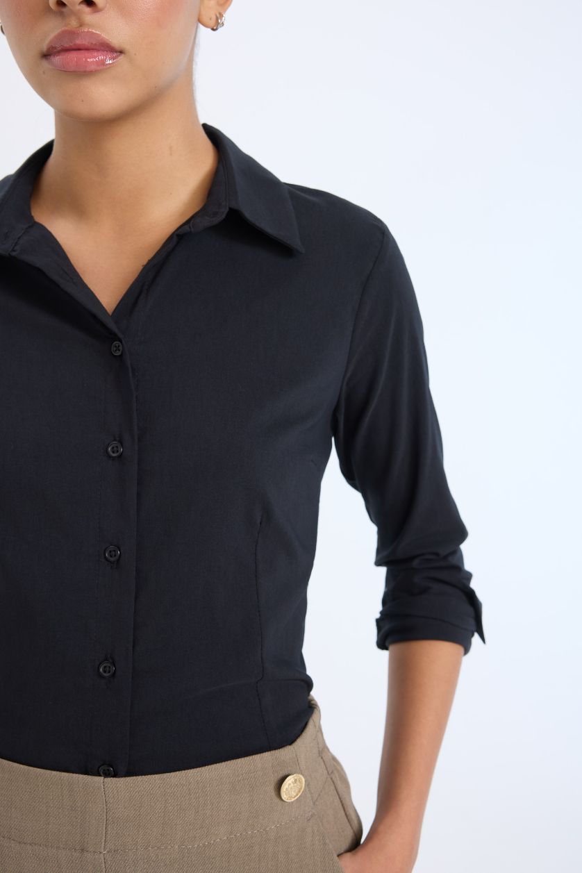 WOMAN Black Slim Fit Shirt Collar Long Sleeve Shirt