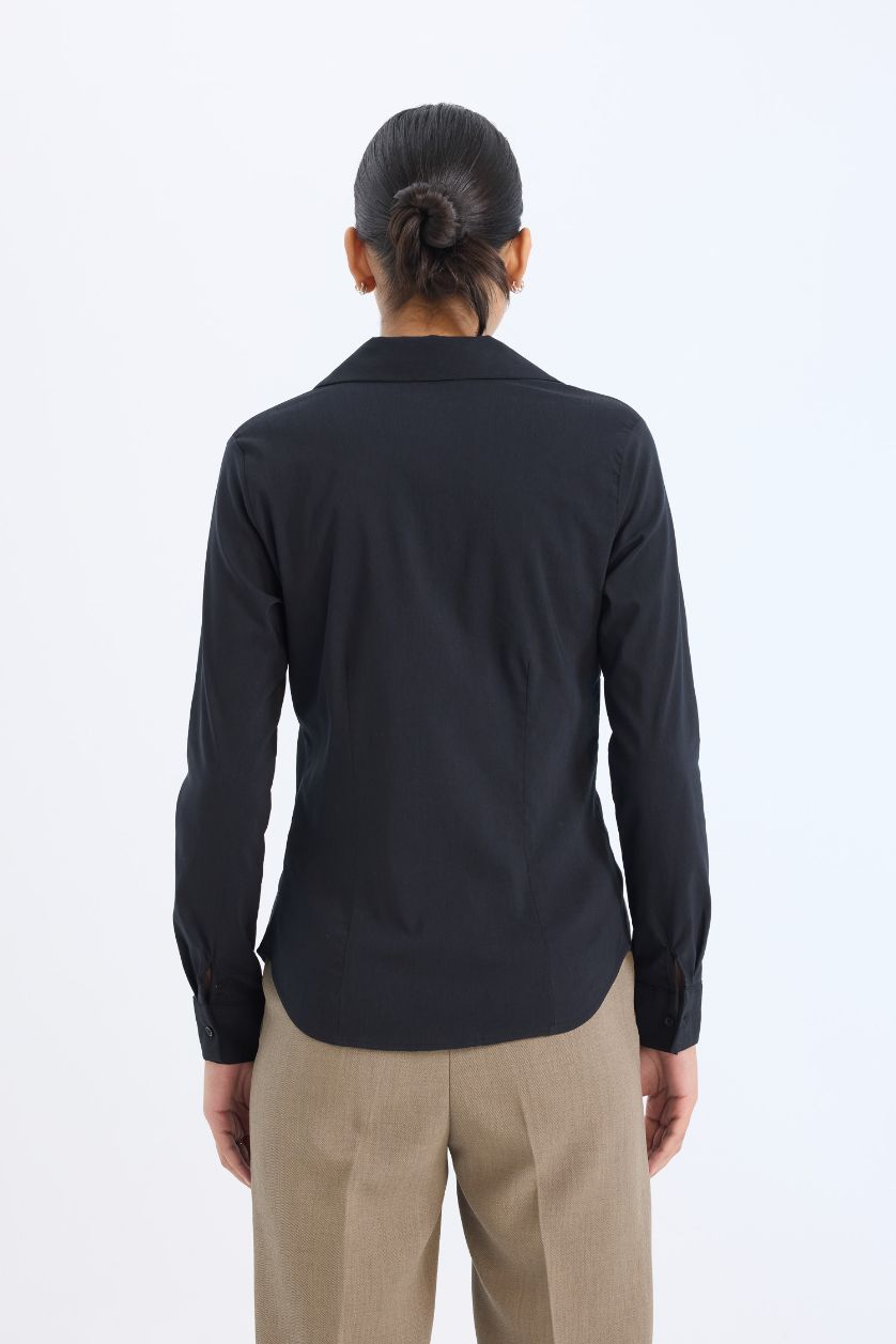 WOMAN Black Slim Fit Shirt Collar Long Sleeve Shirt