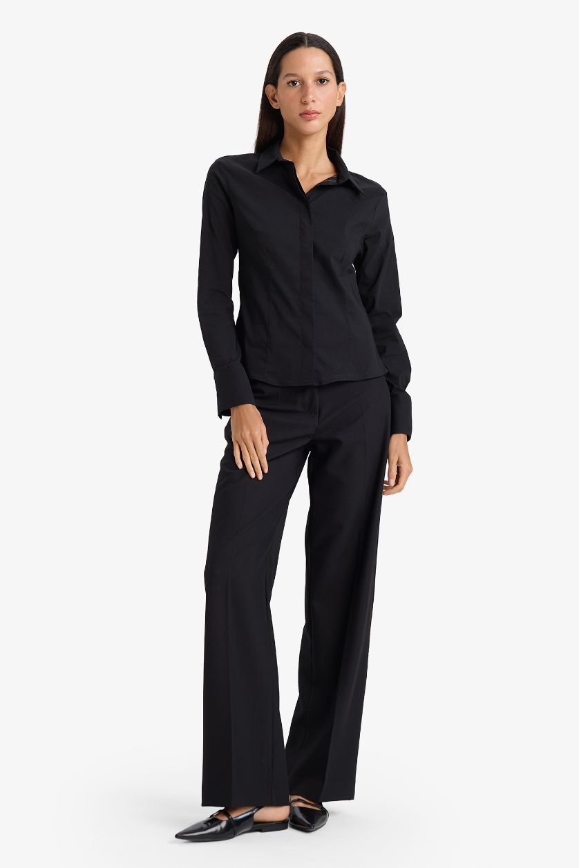 WOMAN Black Slim Fit Shirt Collar Long Sleeve Shirt