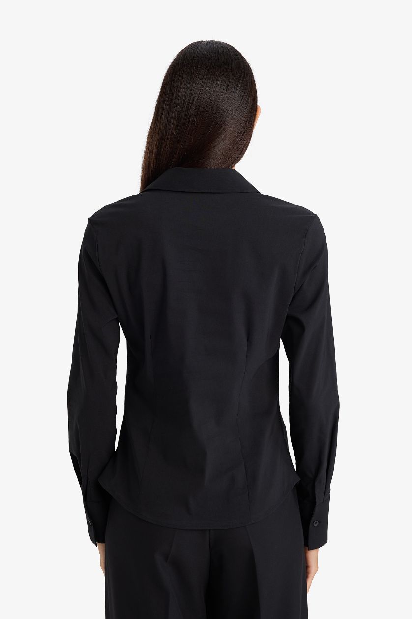 WOMAN Black Slim Fit Shirt Collar Long Sleeve Shirt