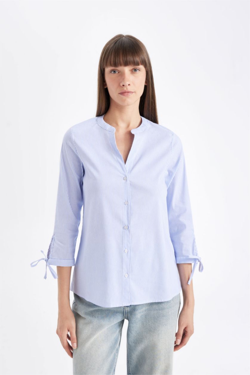 Kadın Mavi Regular Fit Çizgili Apaş Yaka Bengalin Yarım Kollu Gömlek