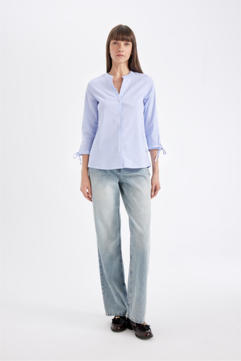 Kadın Mavi Regular Fit Çizgili Apaş Yaka Bengalin Yarım Kollu Gömlek