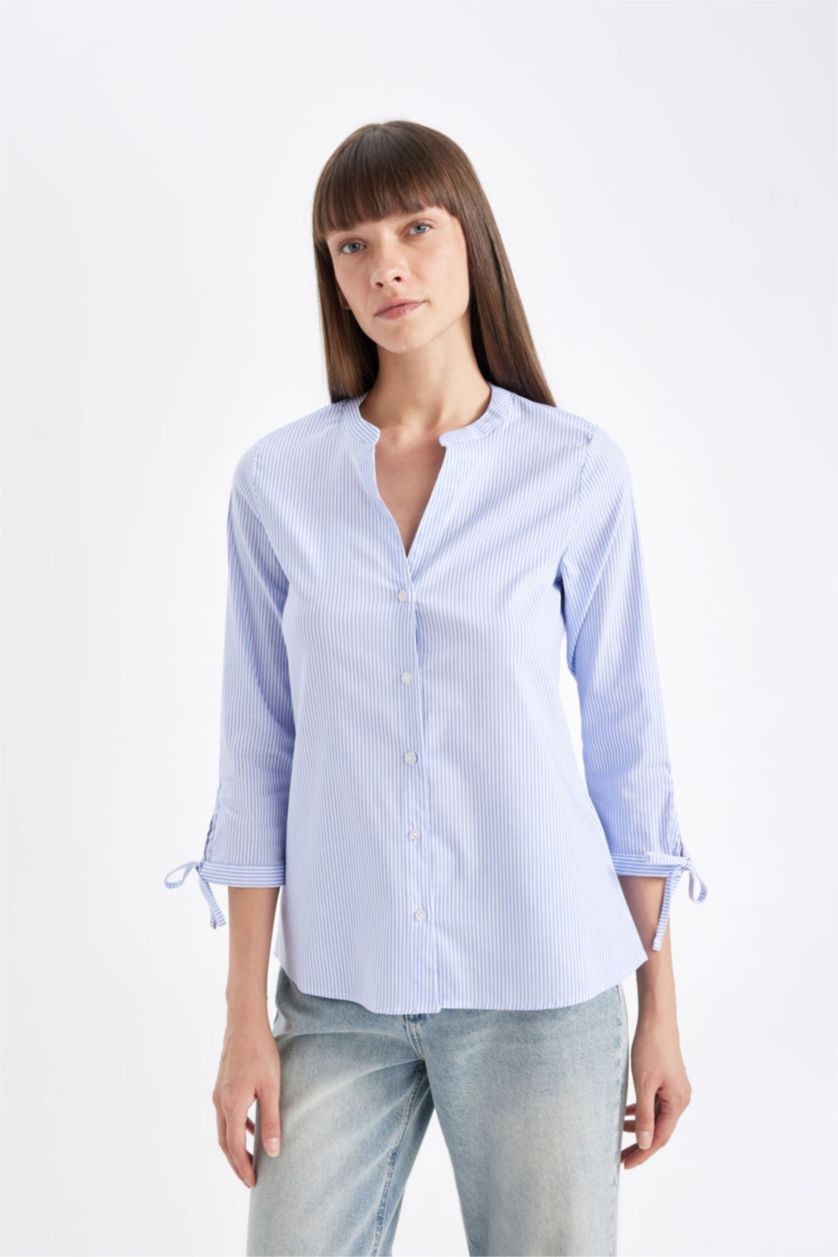 Kadın Mavi Regular Fit Çizgili Apaş Yaka Bengalin Yarım Kollu Gömlek