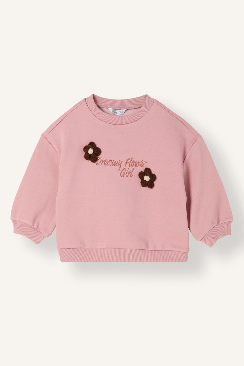 Kız Bebek Gülkurusu Çiçekli İçi Yumuşak Tüylü Sweatshirt Kız Bebek