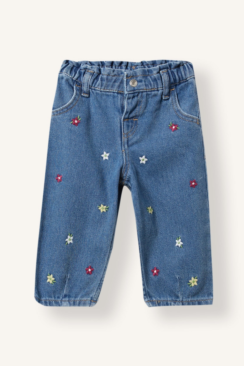 Kız Bebek Mavi Çiçek Nakışlı Baggy Fit Jean Pantolon Kız Bebek