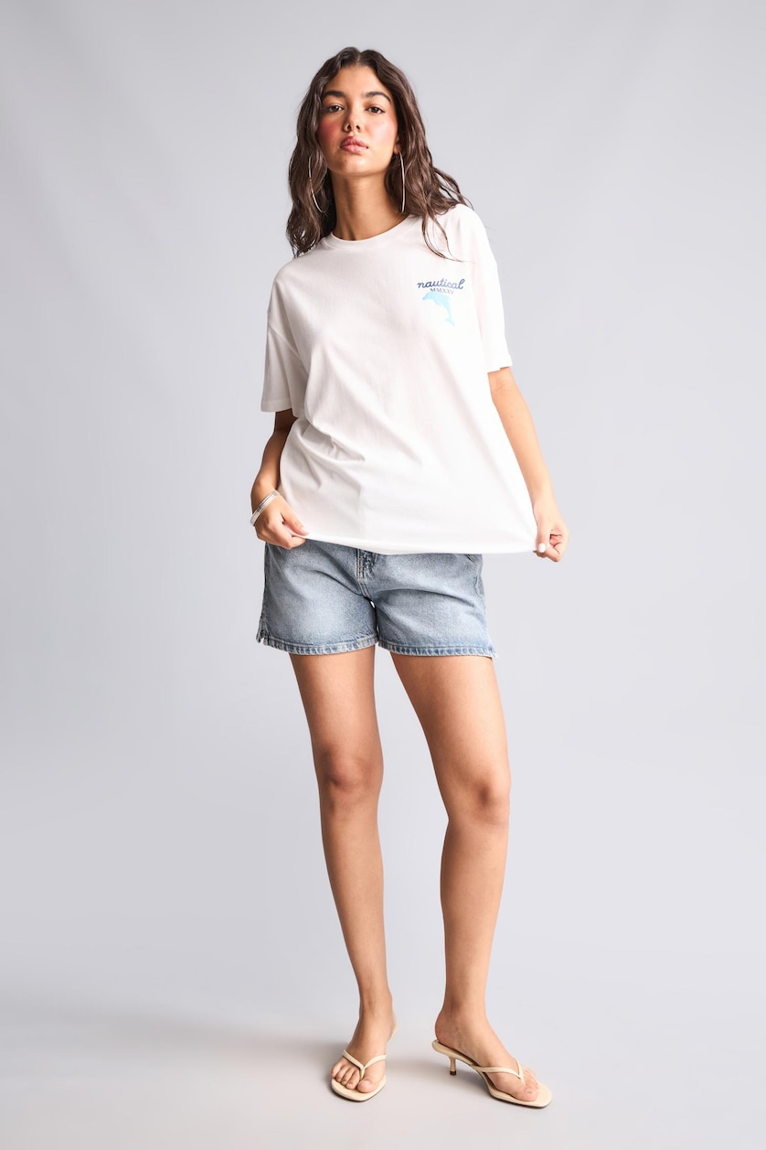 WOMAN White Oversize Crew Neck Printed Short Sleeve T-Shirt