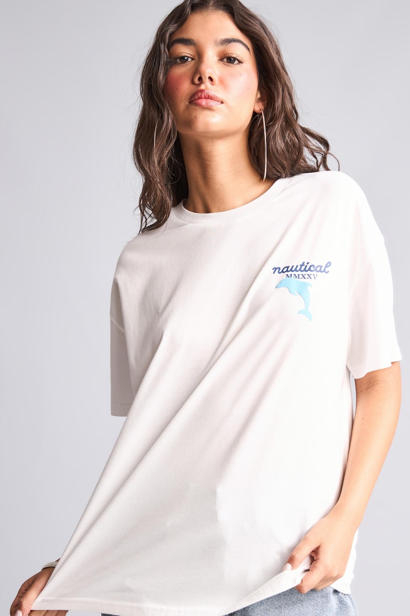 WOMAN White Oversize Crew Neck Printed Short Sleeve T-Shirt