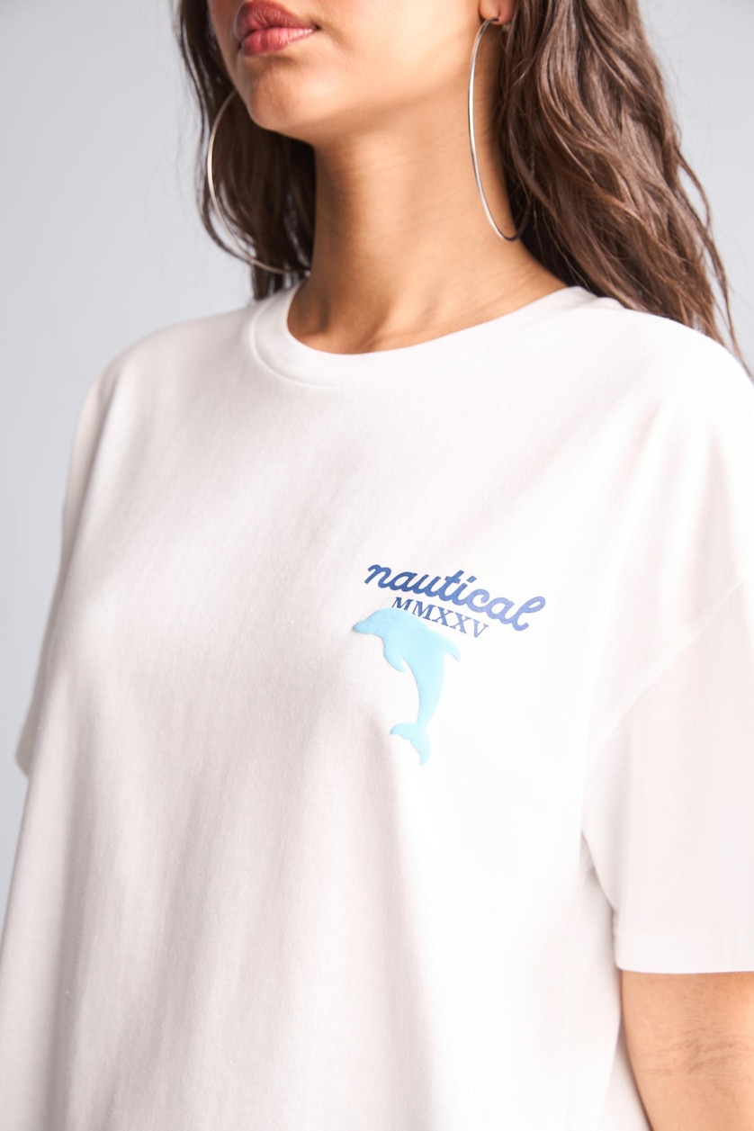 WOMAN White Oversize Crew Neck Printed Short Sleeve T-Shirt
