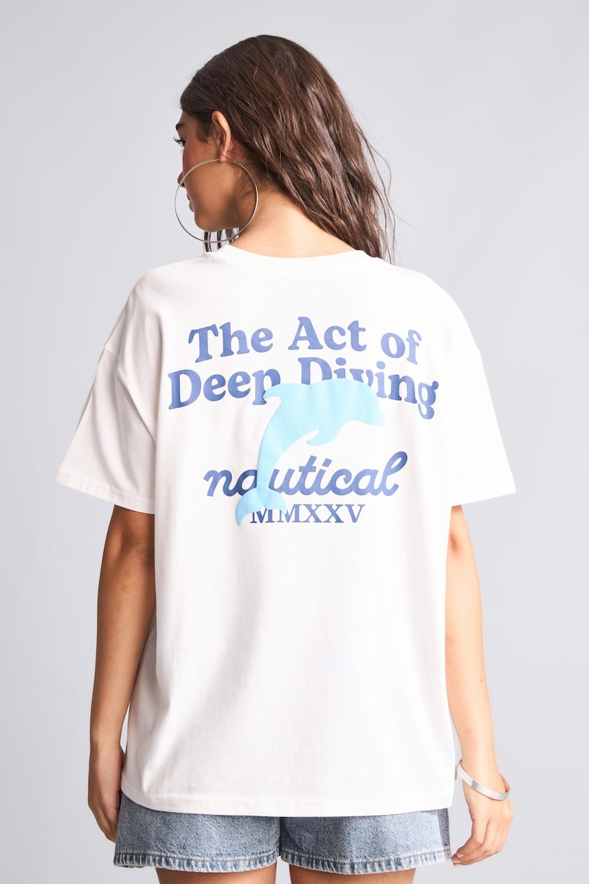 WOMAN White Oversize Crew Neck Printed Short Sleeve T-Shirt