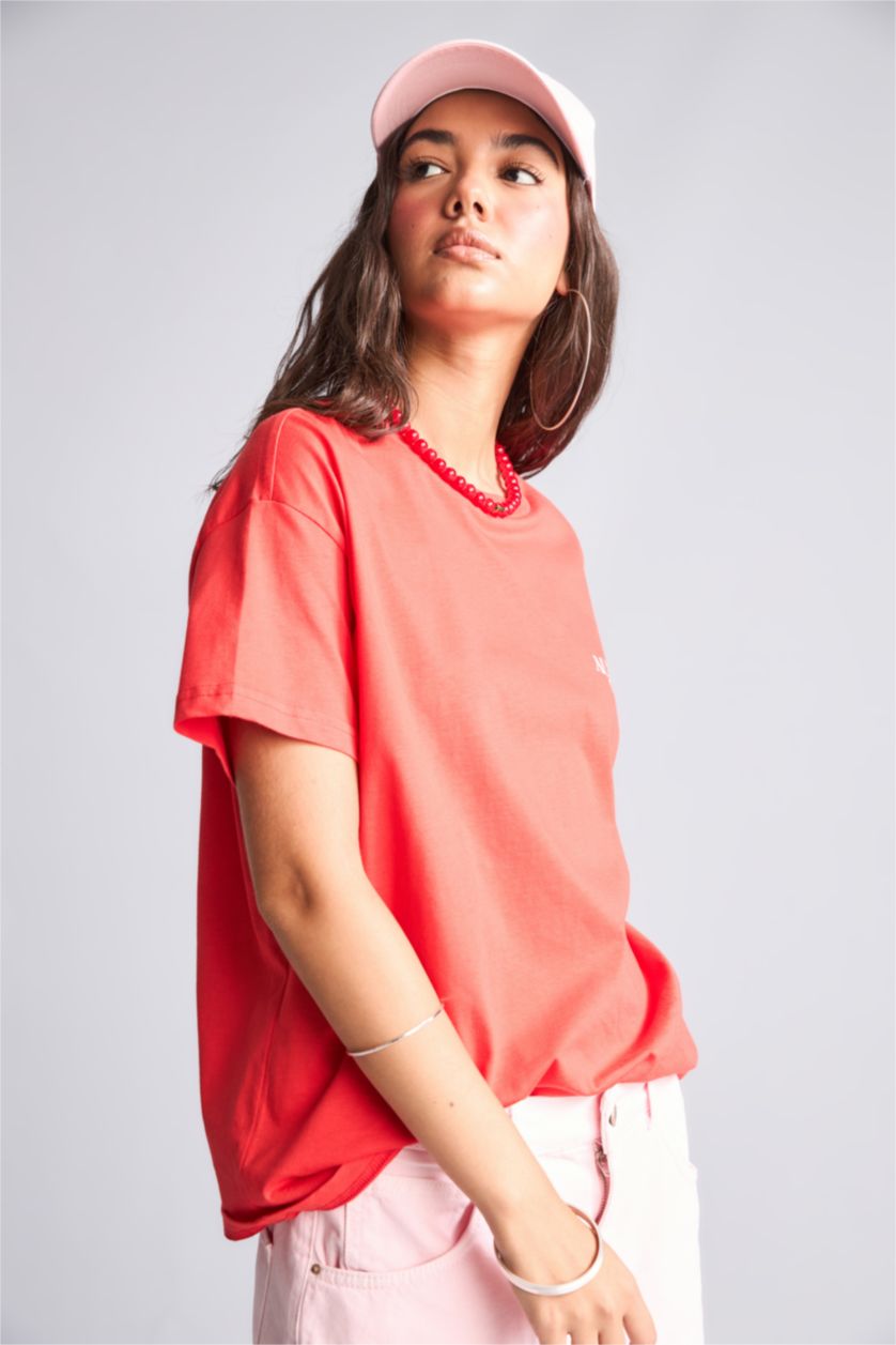 WOMAN Red Oversize Fit Ribana Short Sleeve T-Shirt