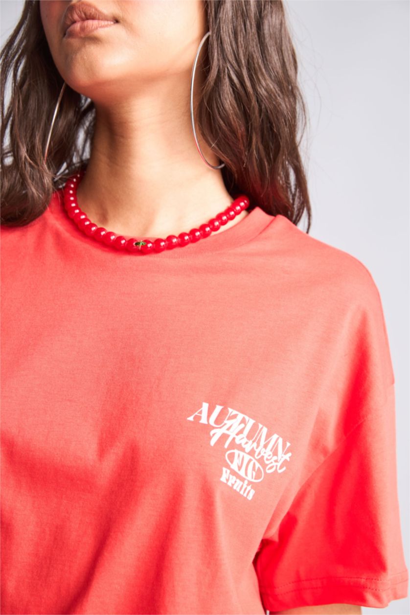 WOMAN Red Oversize Fit Ribana Short Sleeve T-Shirt