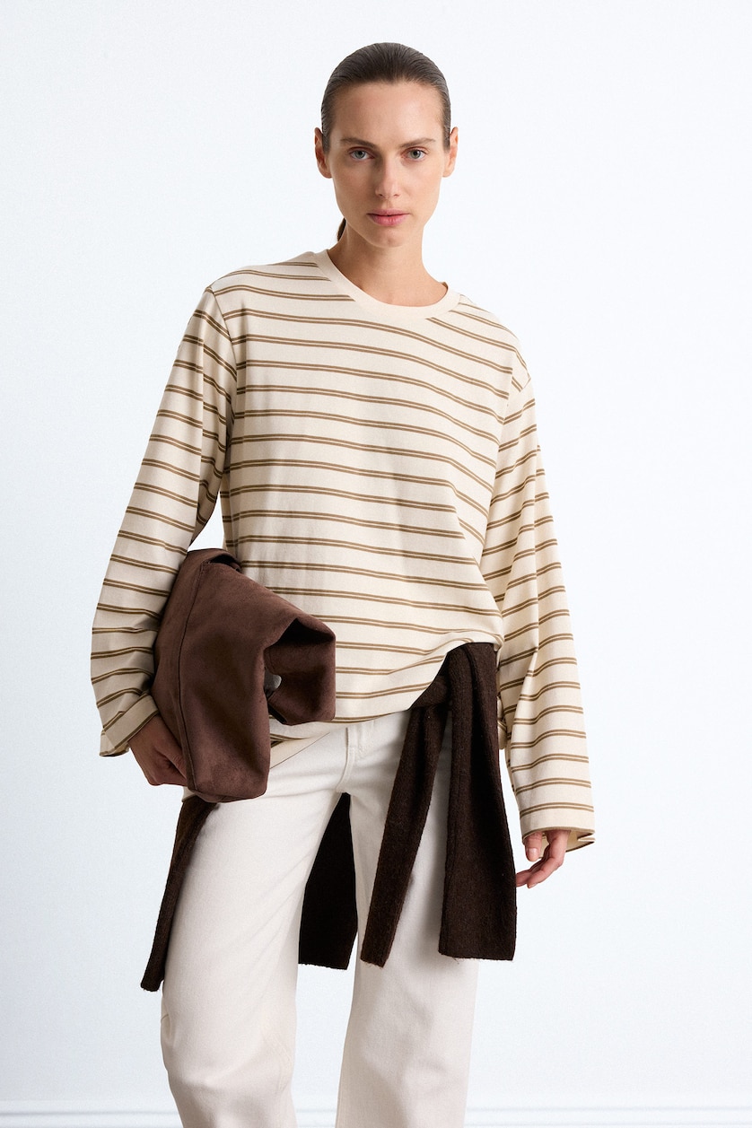 WOMAN Brown Striped Crew Neck Loose Fit T-Shirt
