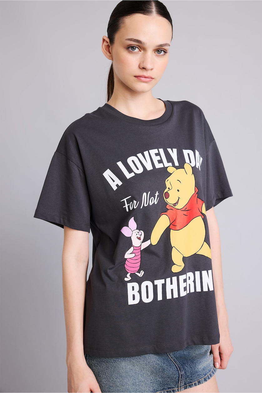 Kadın Antrasit Oversize Winnie The Pooh Baskılı Tişört