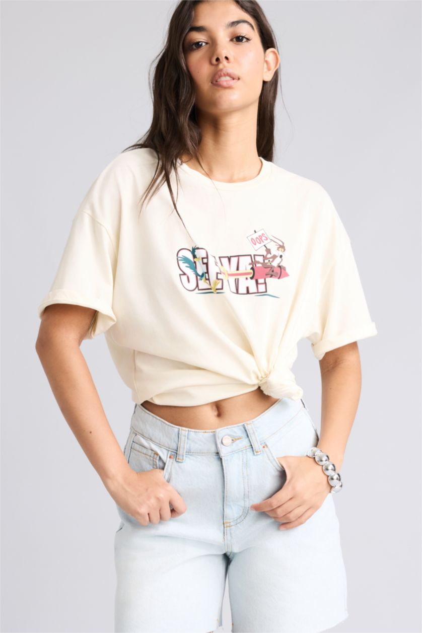 Kadın Ekru Looney Tunes Oversize Kısa Kollu Tişört