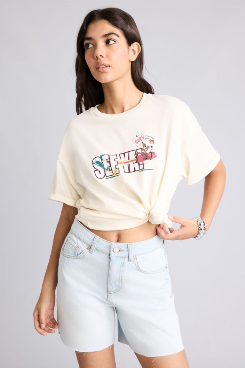 Kadın Ekru Looney Tunes Oversize Kısa Kollu Tişört
