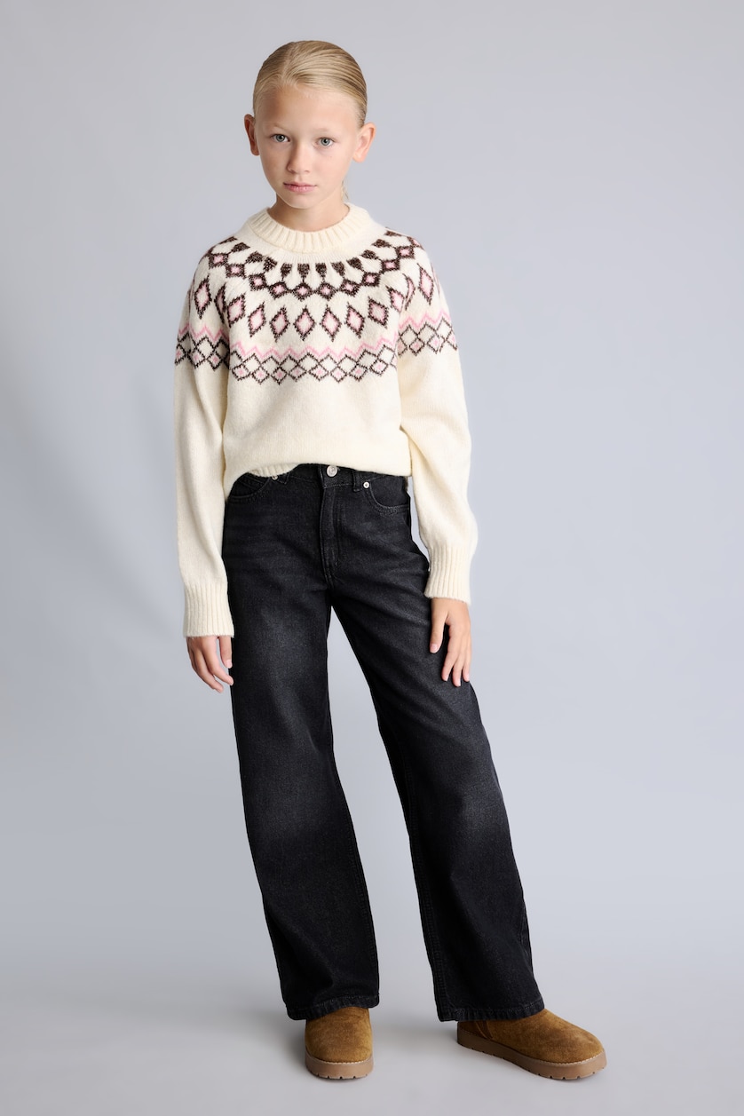 FILLES Écru Pull en tricot à col rond à motif géométrique pour fille