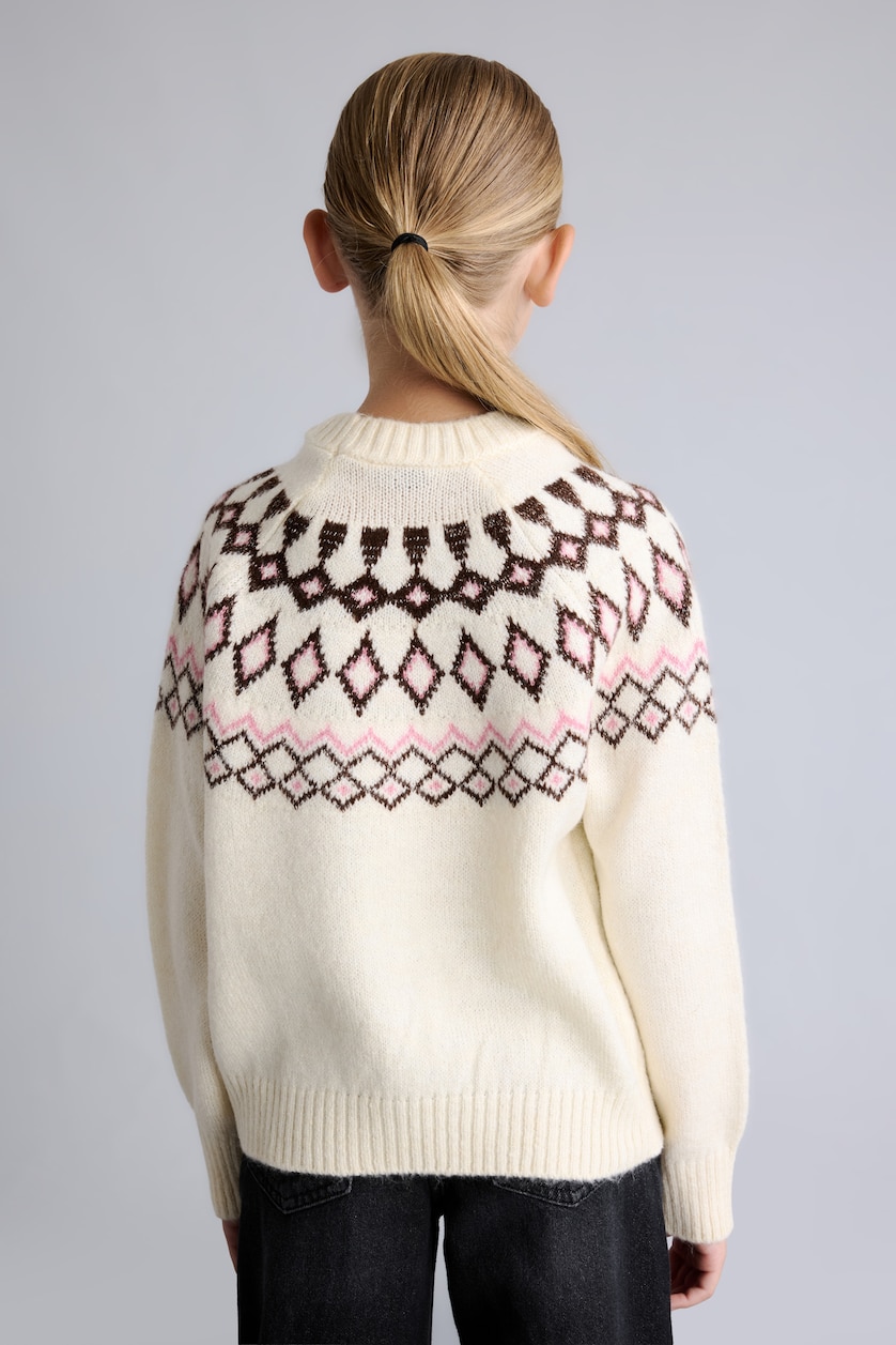 FILLES Écru Pull en tricot à col rond à motif géométrique pour fille