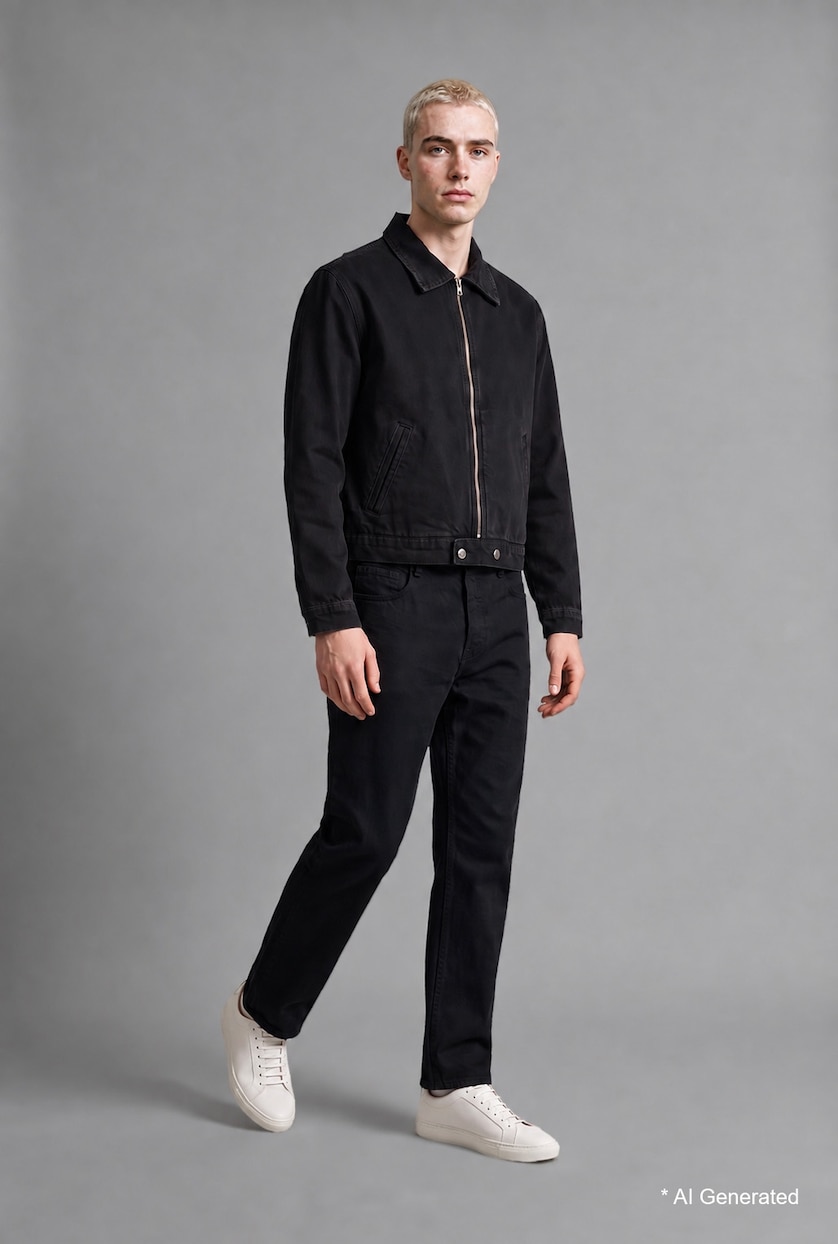 Man Black Regular Fit Zip Up Cotton Denim Jacket