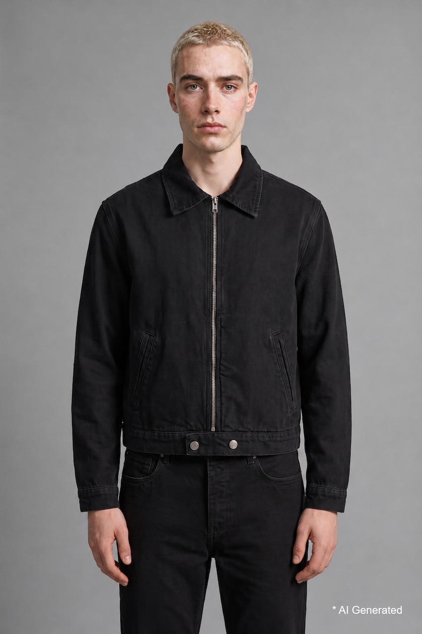 Man Black Regular Fit Zip Up Cotton Denim Jacket