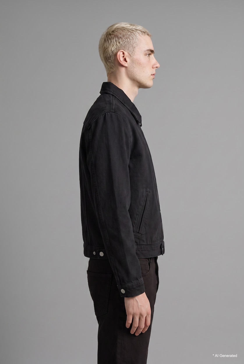 Man Black Regular Fit Zip Up Cotton Denim Jacket