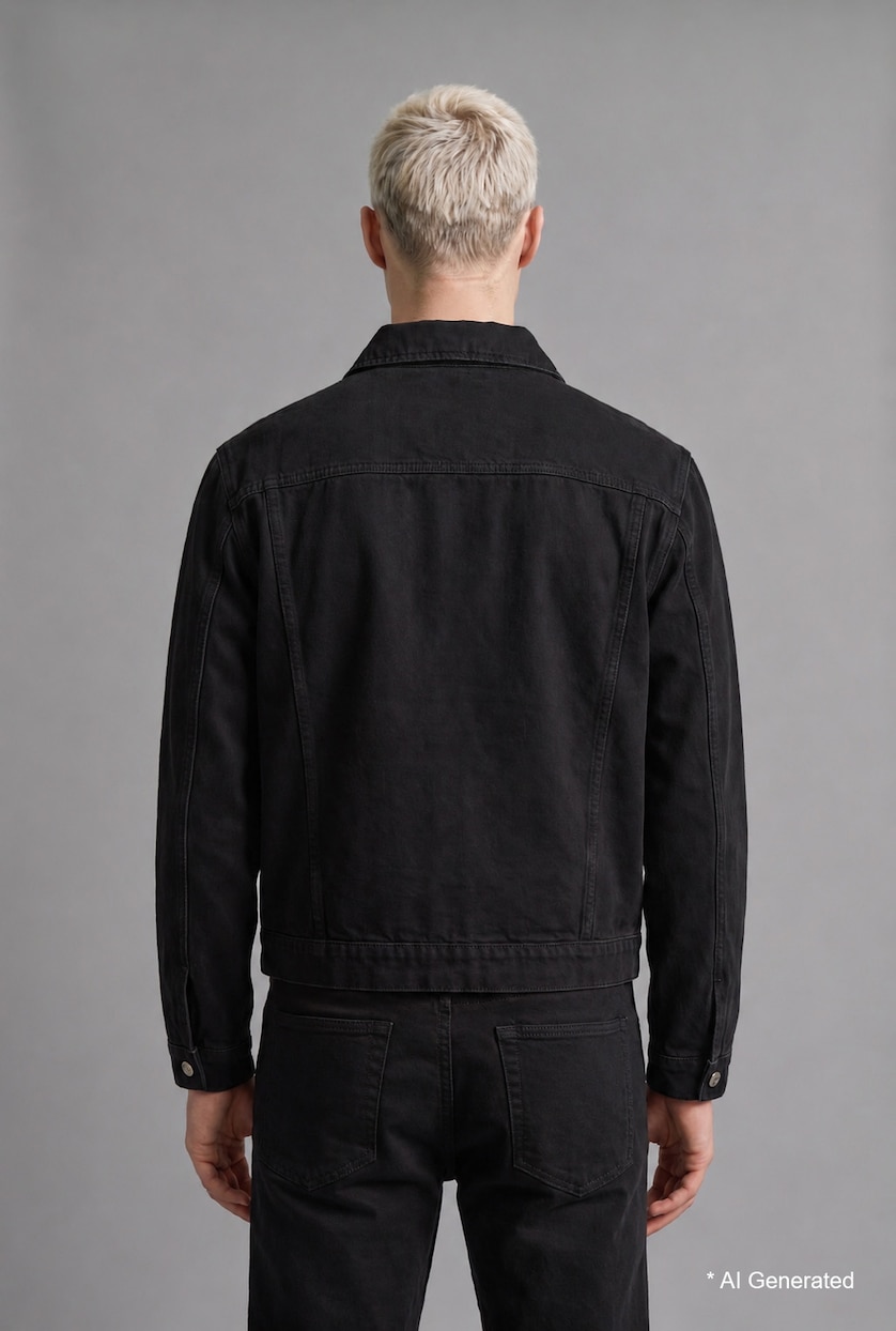 Man Black Regular Fit Zip Up Cotton Denim Jacket