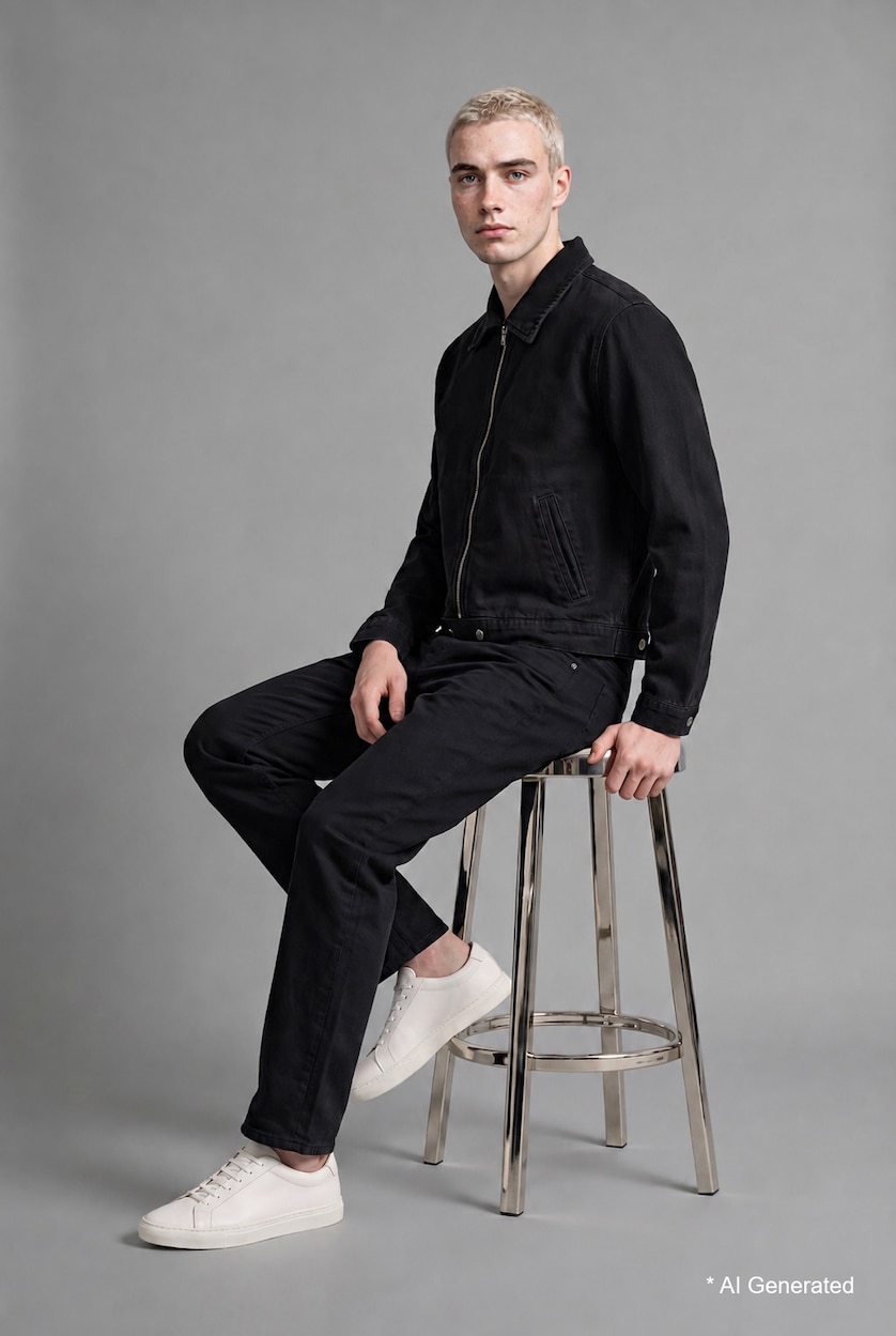 Man Black Regular Fit Zip Up Cotton Denim Jacket