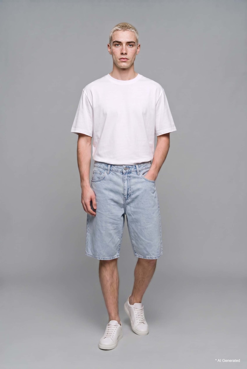 MAN Light Blue Baggy Fit Denim Bermuda Shorts