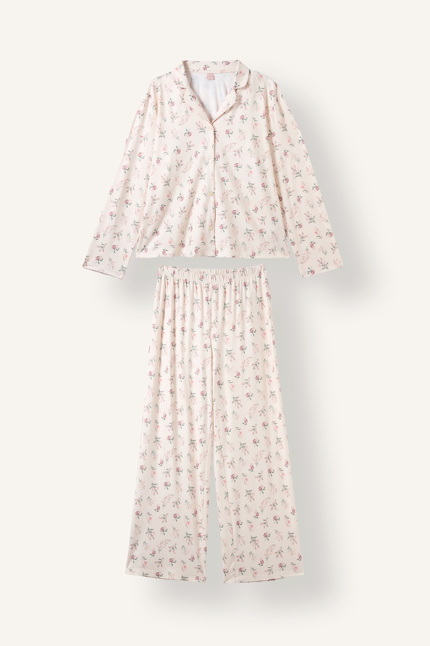 Kadın Açık Bej Regular Fit Çiçekli Pijama Takımı