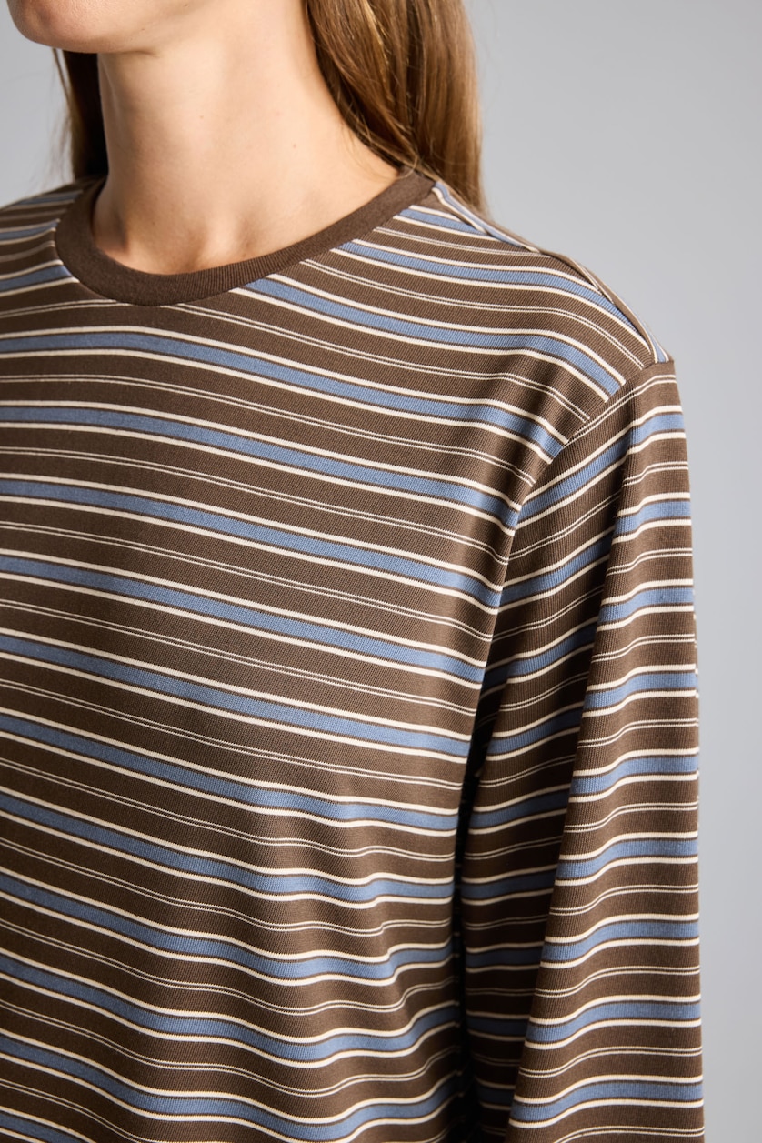 Kadın Kahve Oversize Çizgili Uzun Kollu Tişört
